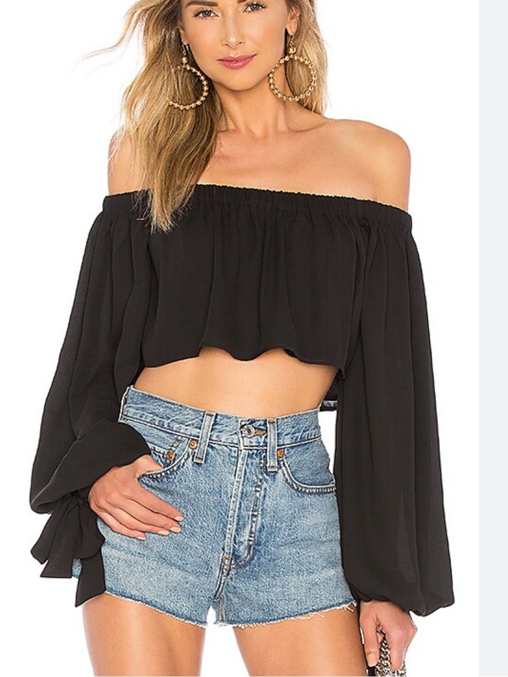 Chrissy Teigen x REVOLVE Wat Phra Top OS Black Off-Shoulder Crop Balloon Sleeve